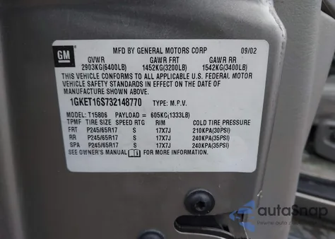 2003 GMC Envoy Xl Sle из США, поврежденный, VIN 1GKET16S732148770